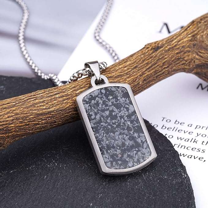 Stainless Steel Gemstone Dog Tag Necklace - Snowflake Obsidian