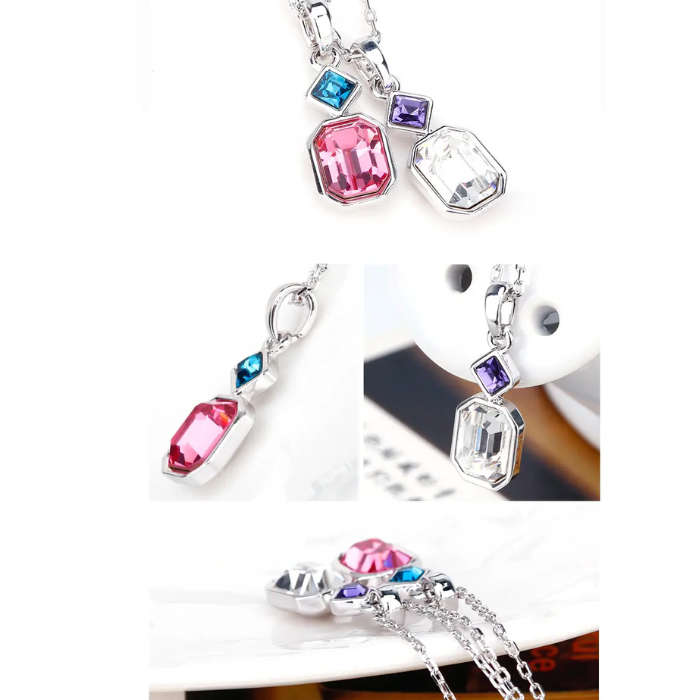 Octagonal Two Stone Necklace 18K White Gold with Swarovski Crystals