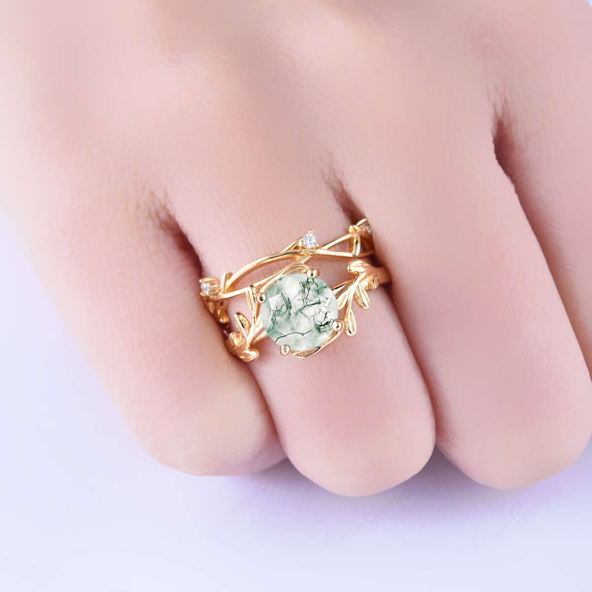 Floral Leaf Natural Moss Agate Adjustable Twin Set