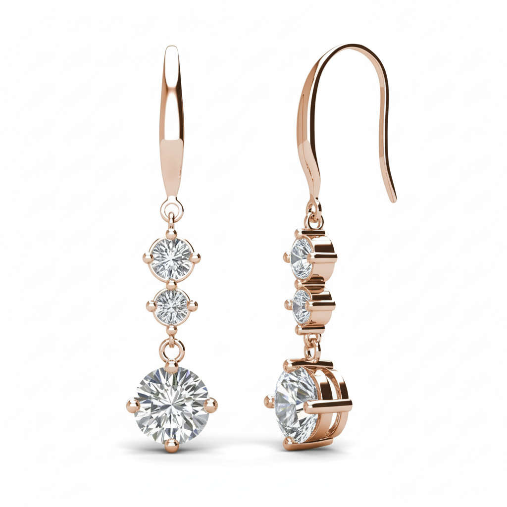 Tri Dangling Rose Gold Hook Crystal Drop Earrings with Crystals from Swarovski