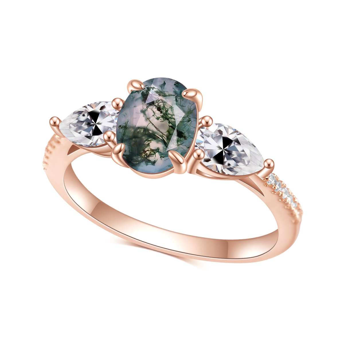 Moss Agate Ring with Pear Side Stone