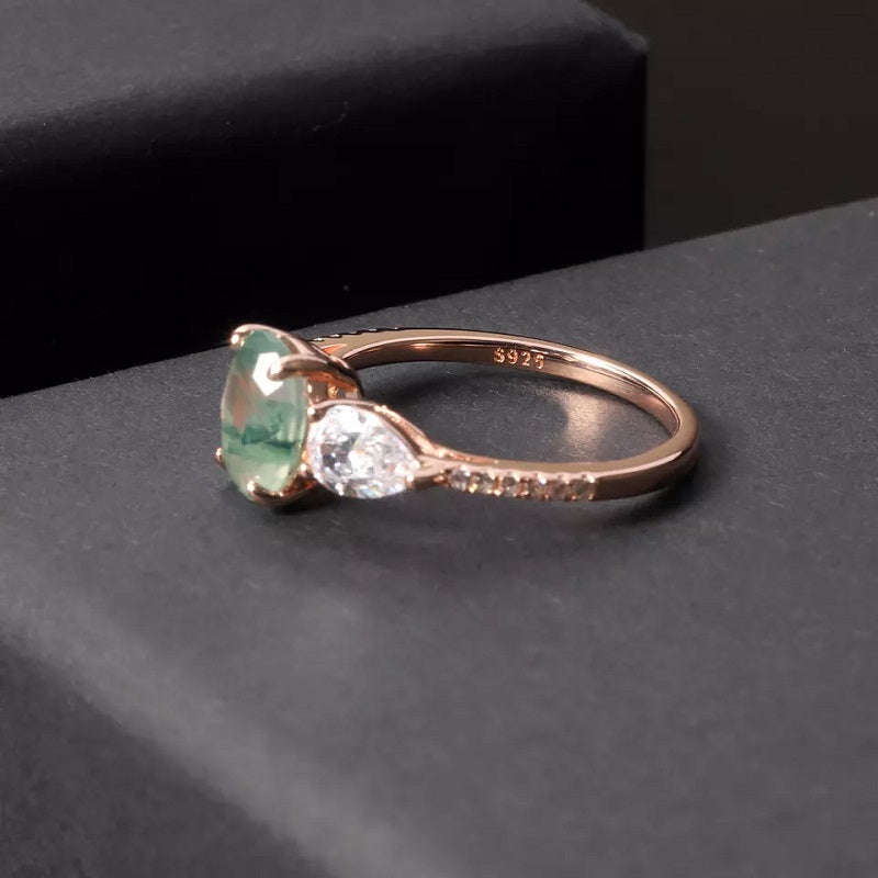 Moss Agate Ring with Pear Side Stone