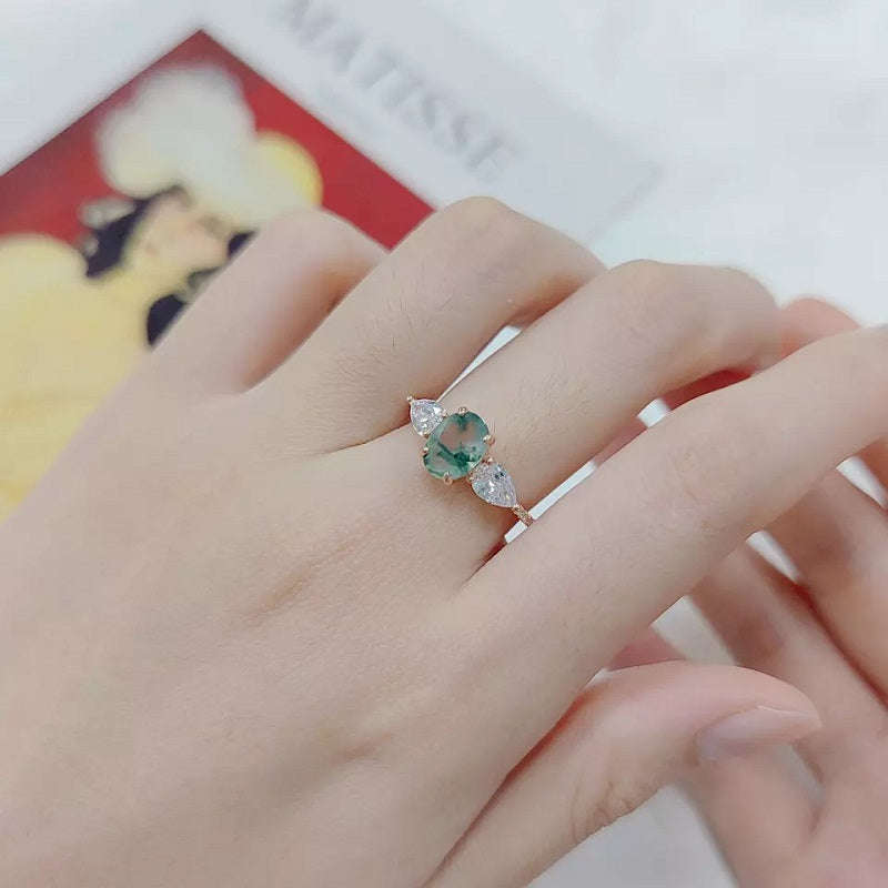 Moss Agate Ring with Pear Side Stone