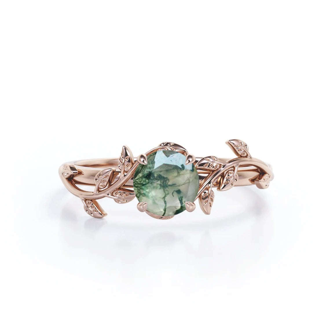 Mossy Green Agate Leaf Solitaire - Rose Gold - 7