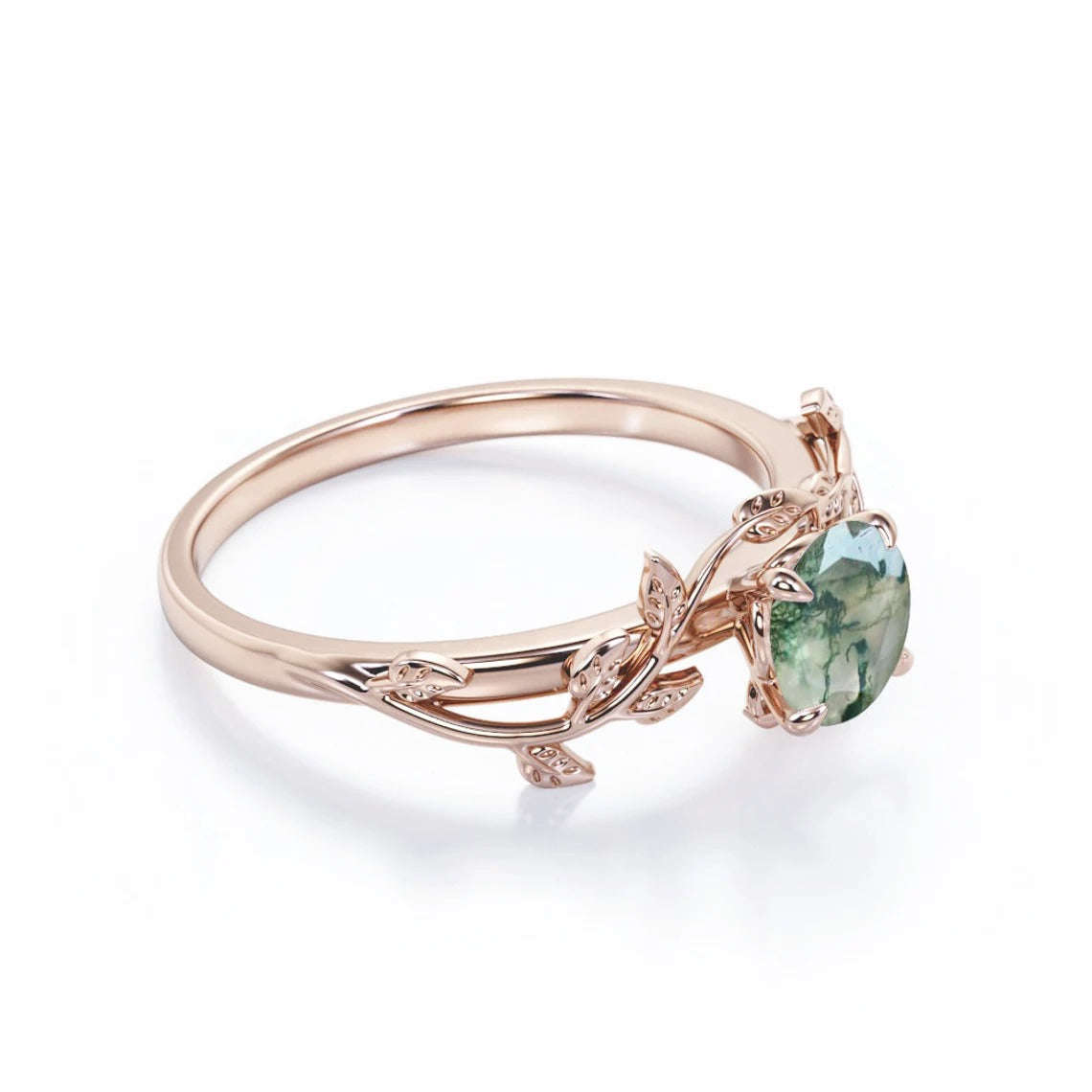 Mossy Green Agate Leaf Solitaire - Rose Gold - 7