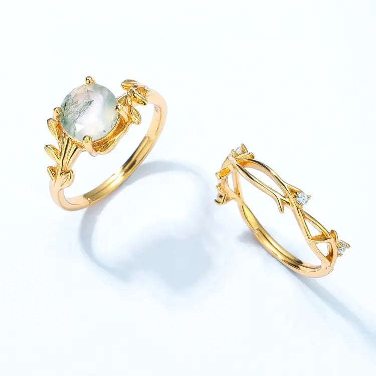 Floral Leaf Natural Moss Agate Adjustable Twin Set