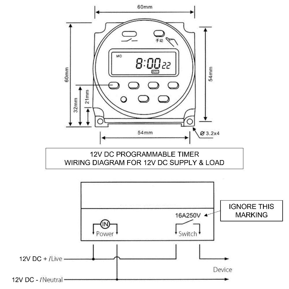 12V Digital Timer Switch (12V DC, 16 Schedules)
