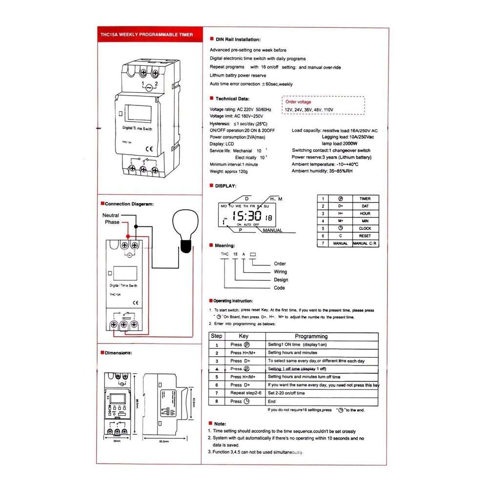 16A Timer Switch, Programmable (230V AC, 16 Schedules, DIN Rail)