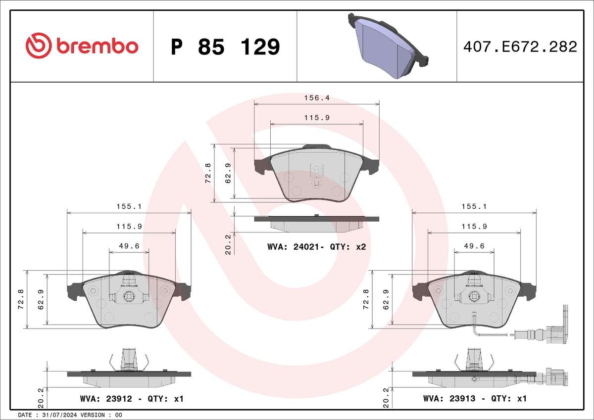 Brembo Front Brake Pads for VW Golf, Scirocco & Audi TT - P85129