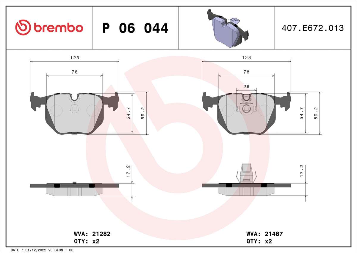 Brembo Rear Brake Pad Set for BMW 3 Series E46 & X5 E53 - P06044
