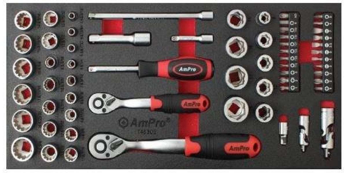 62Pc 1/4 & 3/8 Drive Bolt Extracter Socket Set (Foam Tray) AMPRO T46305