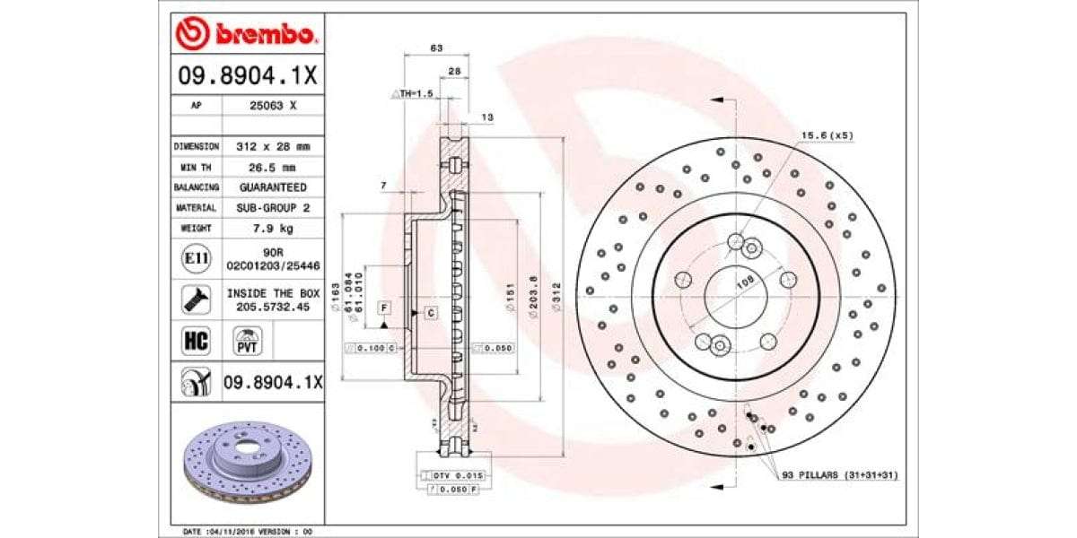 Brake Disc Front (2 In Box) Drilled Renault Clio Megane (Brembo 0989041X)