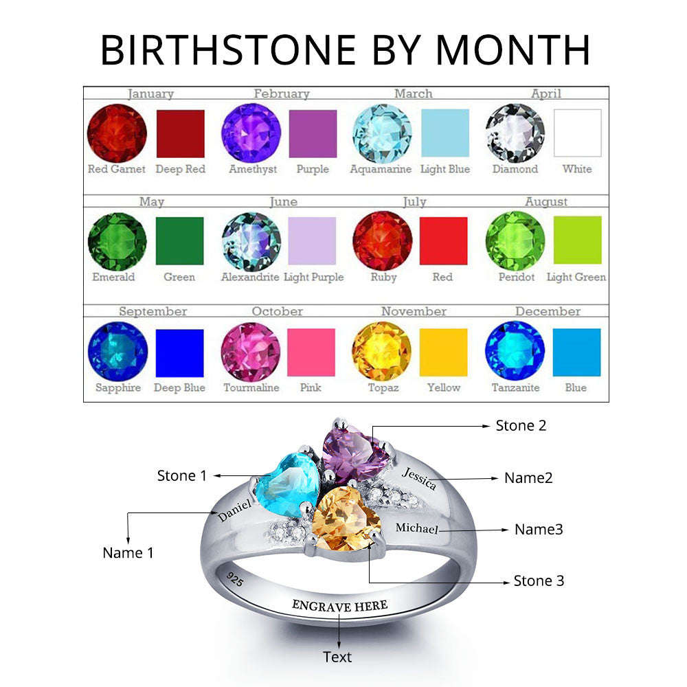 Personalized Solid Silver Ring, Chunky 3 name design with Choice of Birthstones color - US 6