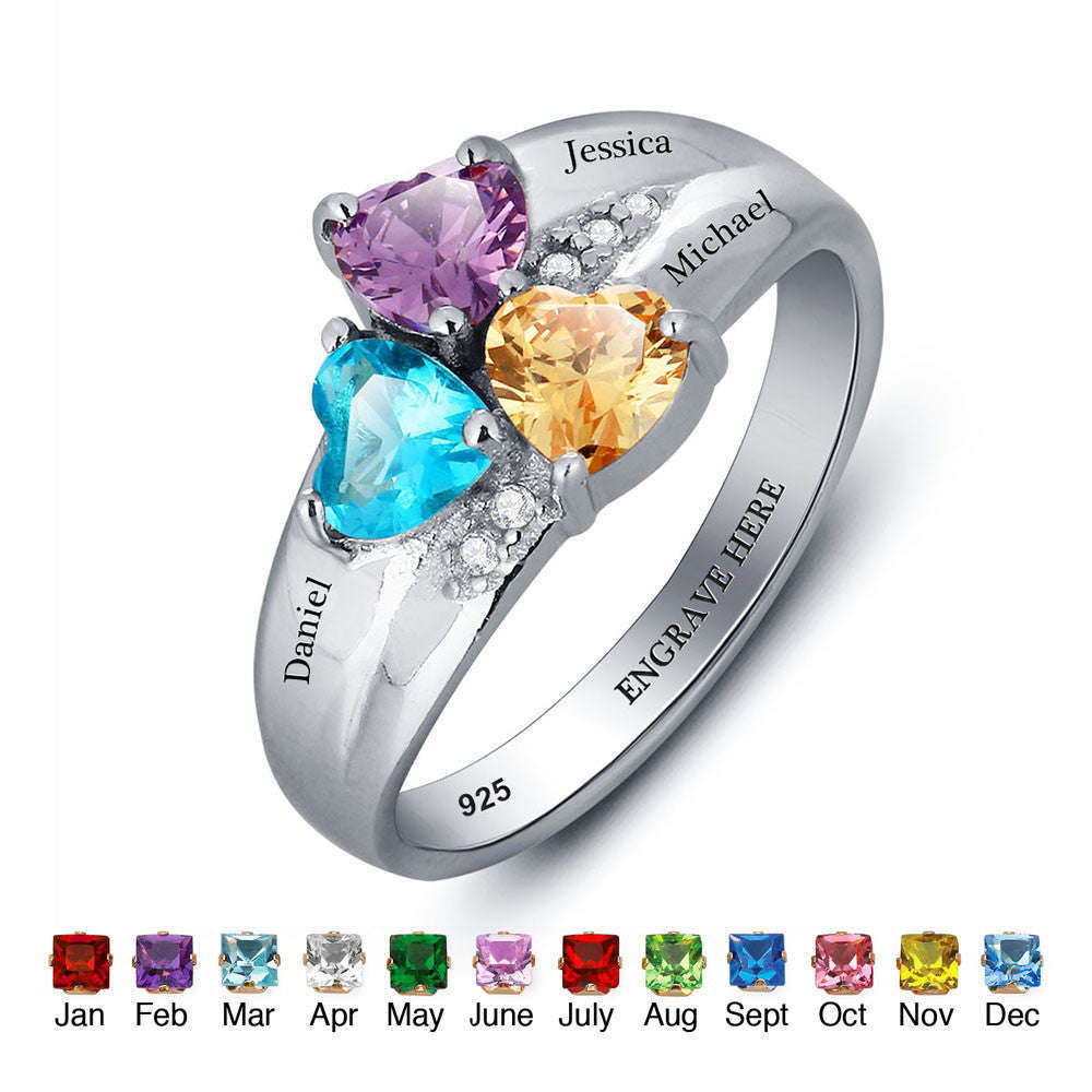 Personalized Solid Silver Ring, Chunky 3 name design with Choice of Birthstones color - US 6