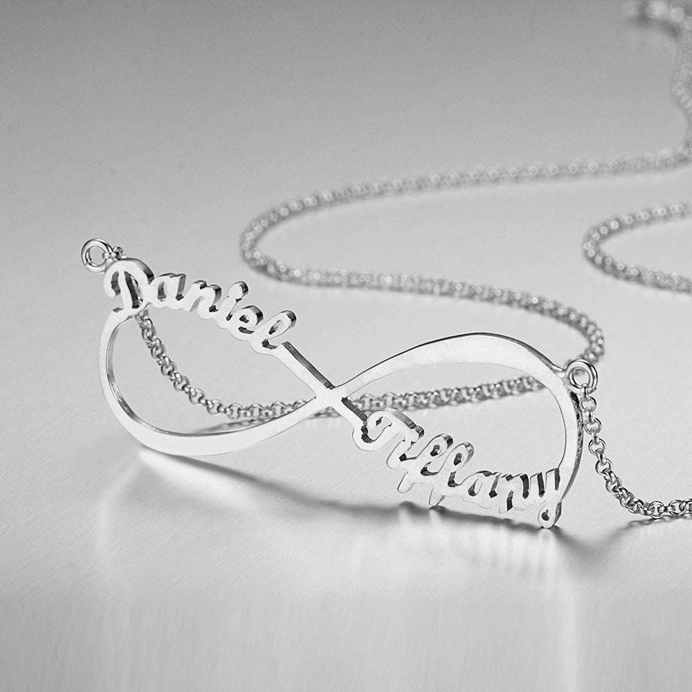 Personalized Name Necklace, Infinity design with 2 names - Silver