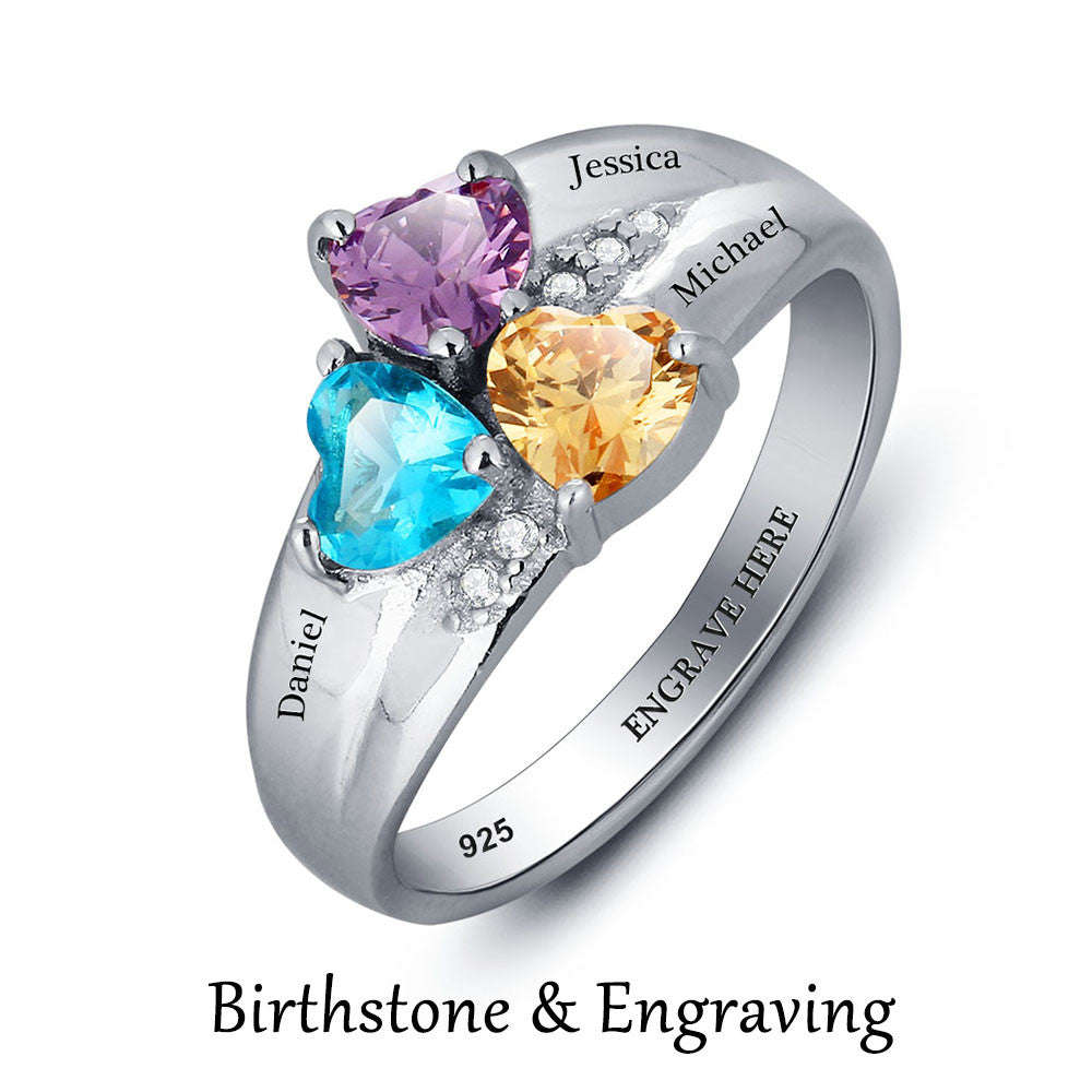 Personalized Solid Silver Ring, Chunky 3 name design with Choice of Birthstones color - US 6