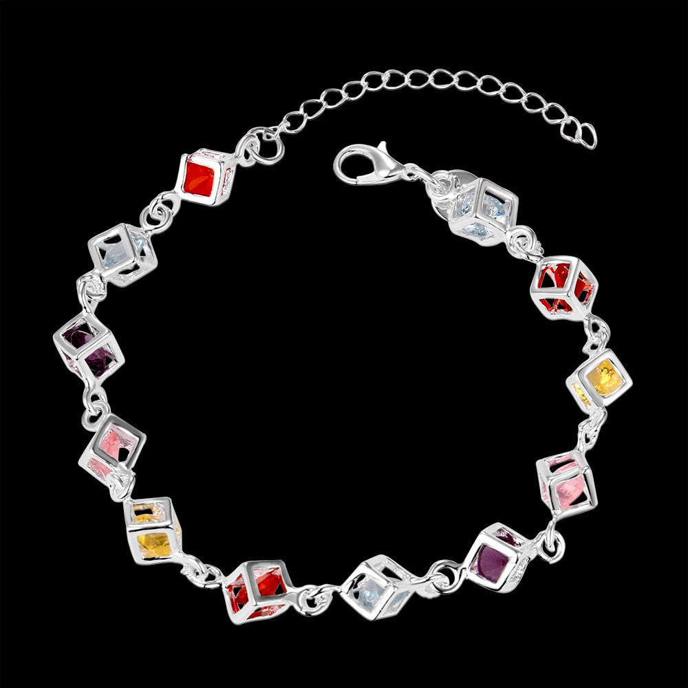 925 Sterling silver filled Square link bracelet with colored Austrian crystal inner
