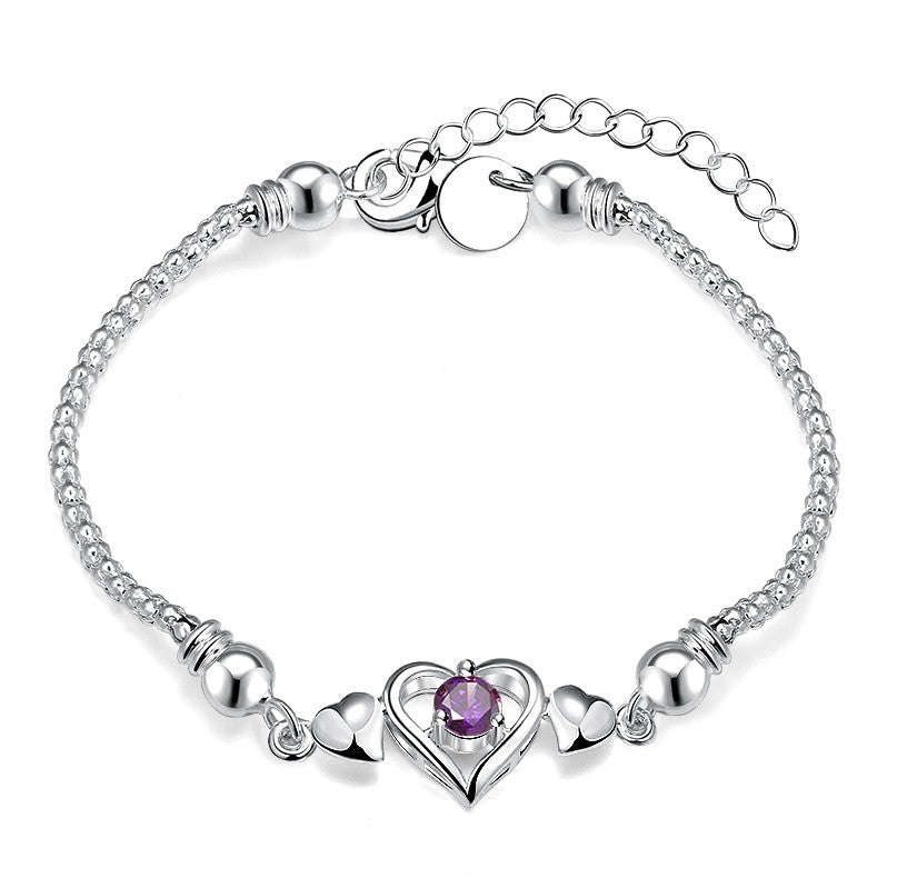 925 Sterling silver filled Ladies cute Heart style bracelet with purple AAA crystal