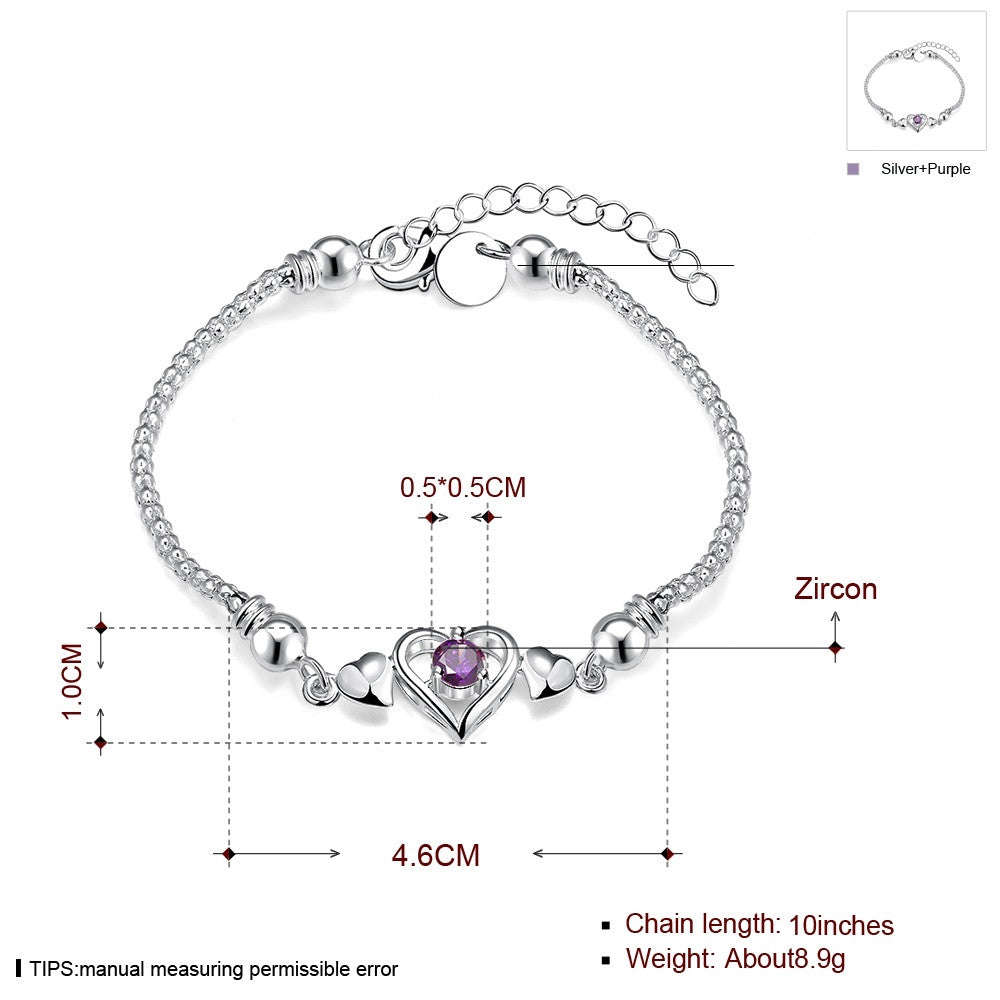 925 Sterling silver filled Ladies cute Heart style bracelet with purple AAA crystal