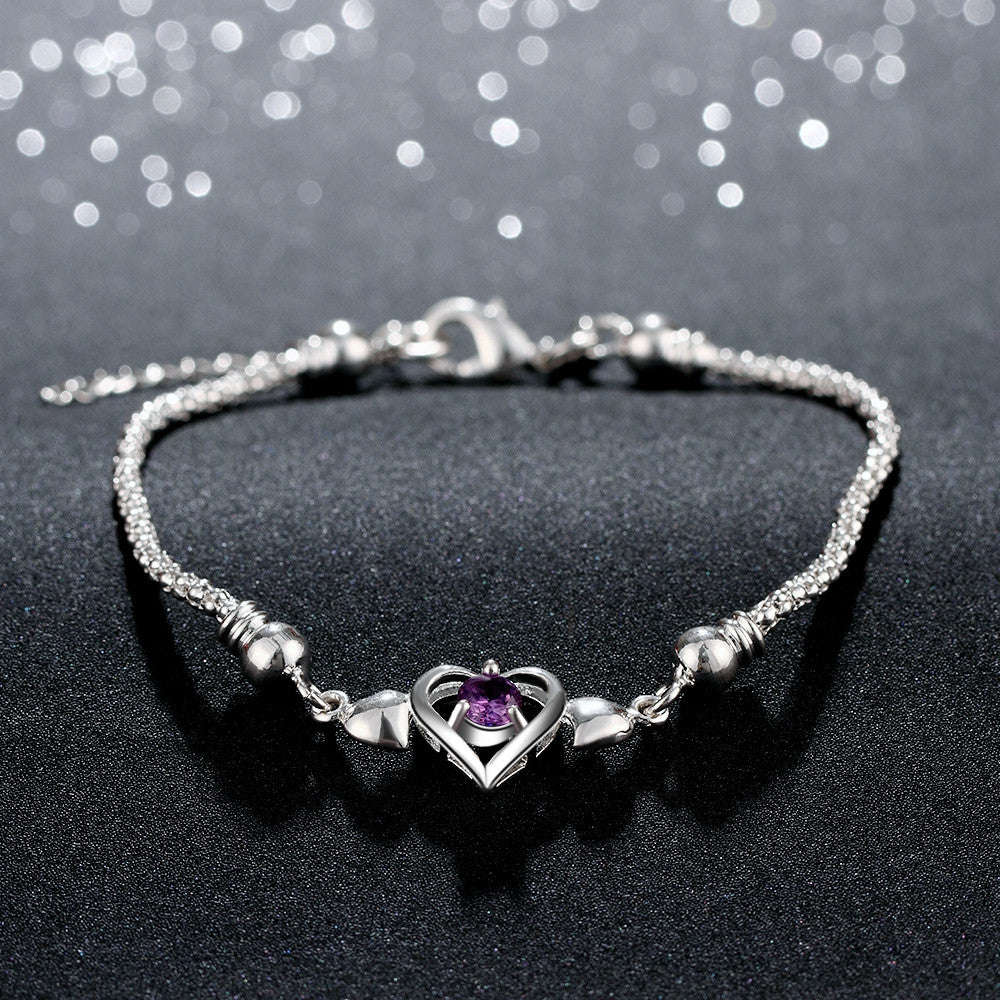 925 Sterling silver filled Ladies cute Heart style bracelet with purple AAA crystal