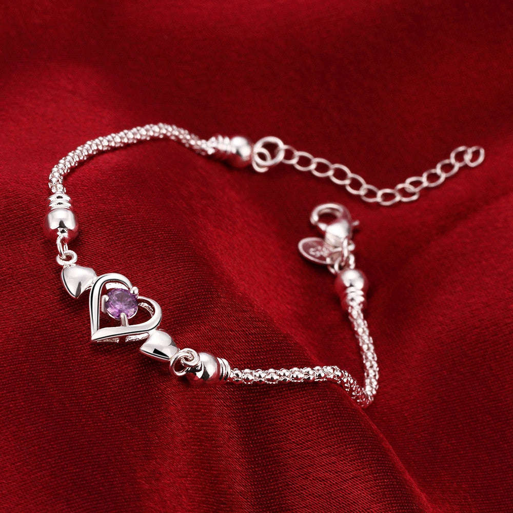925 Sterling silver filled Ladies cute Heart style bracelet with purple AAA crystal