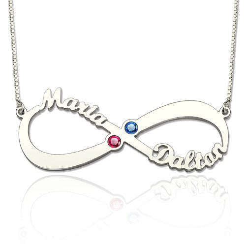 Personalized Name Necklace, Infinity with 2 names and Choice of birthstone - Silver