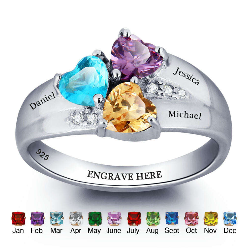 Personalized Solid Silver Ring, Chunky 3 name design with Choice of Birthstones color - US 6