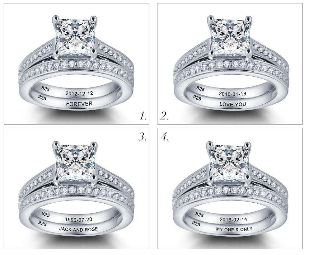 Engagement \ Wedding Solid Silver Ring, with 2ct Cr Stone and Personalized inscription - US 8