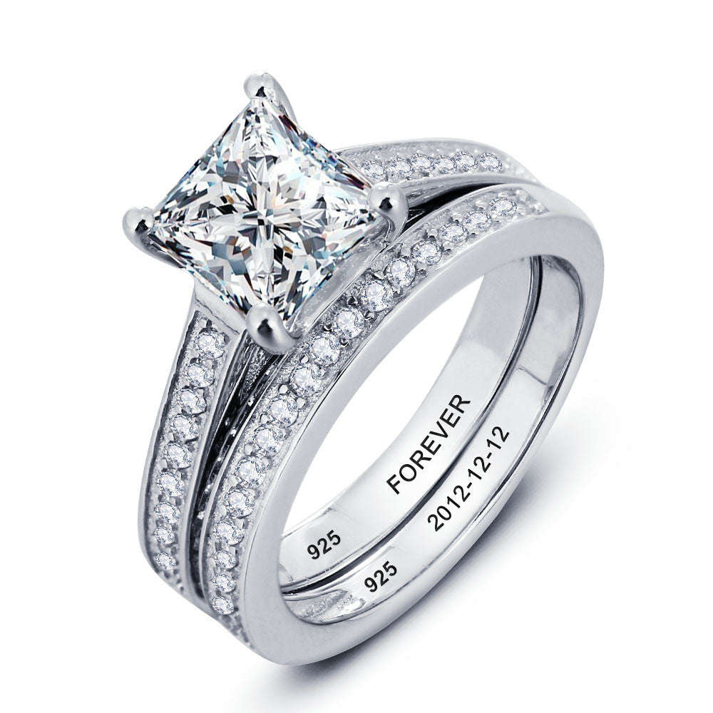 Engagement \ Wedding Solid Silver Ring, with 2ct Cr Stone and Personalized inscription - US 8