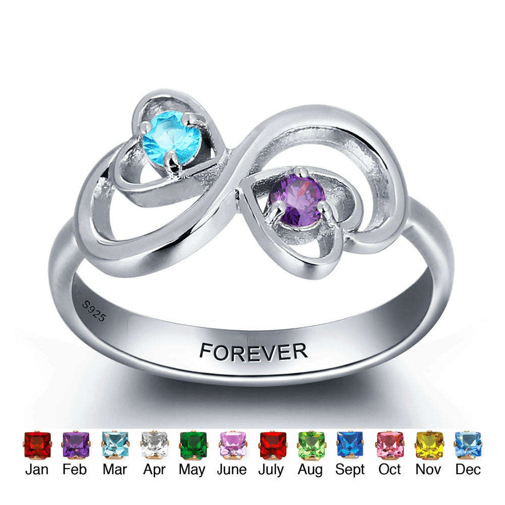 Personalized Solid Silver Ring, Infinity hearts design with Choice of Birthstone colors - US 6
