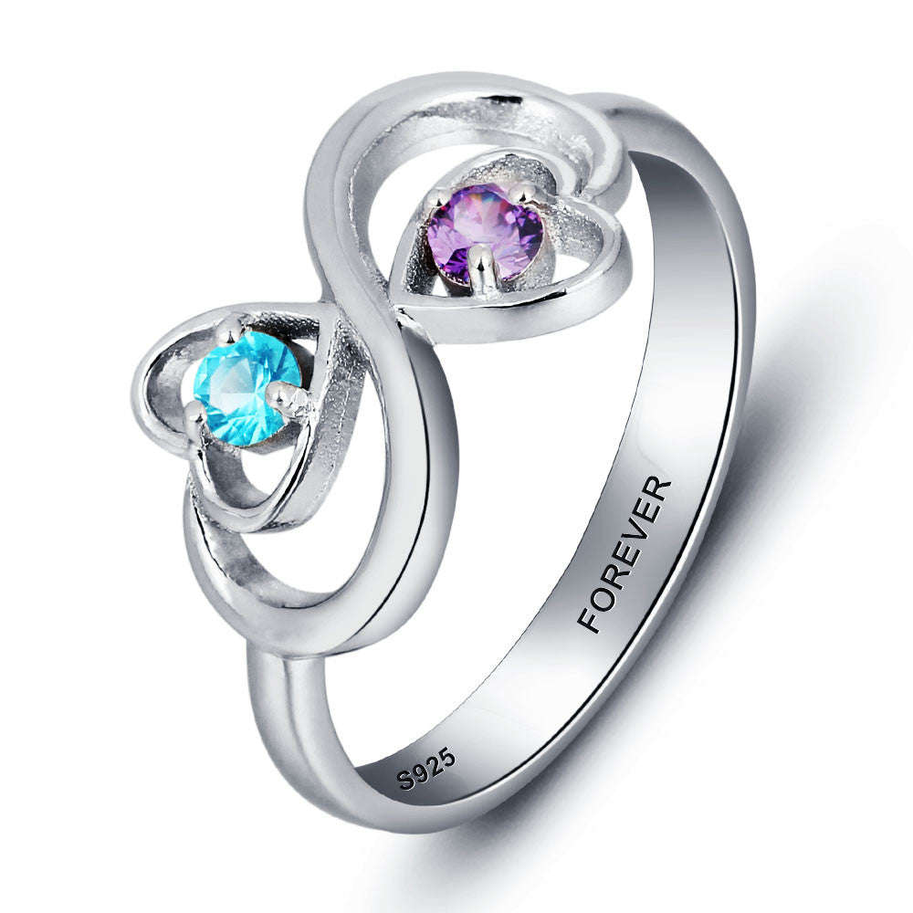 Personalized Solid Silver Ring, Infinity hearts design with Choice of Birthstone colors - US 6