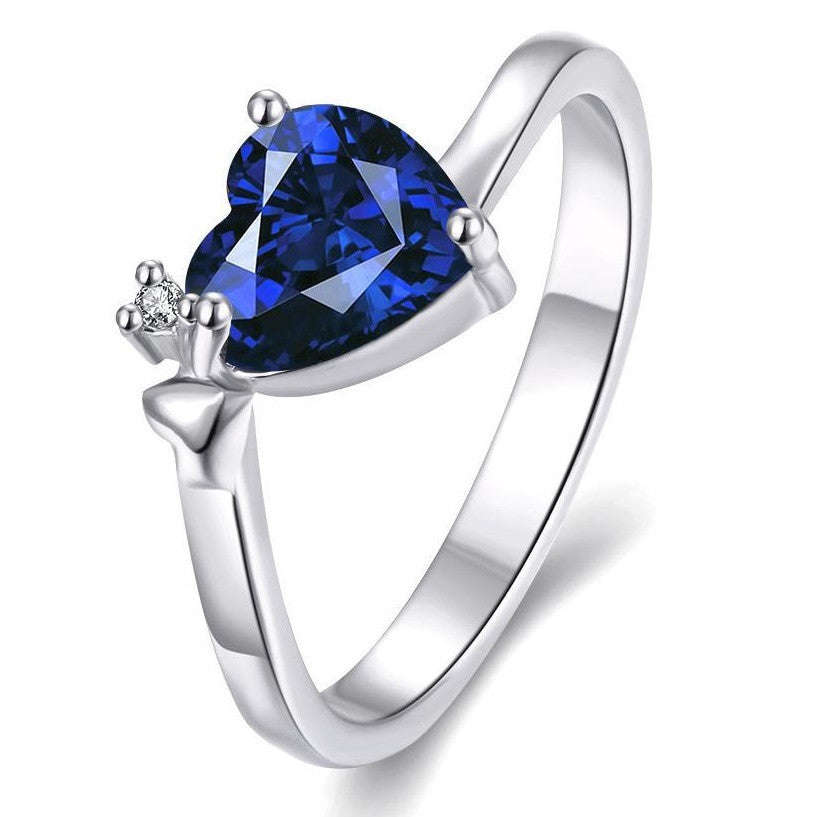 Ladies heart design ring, tanzanite color, platinum plated