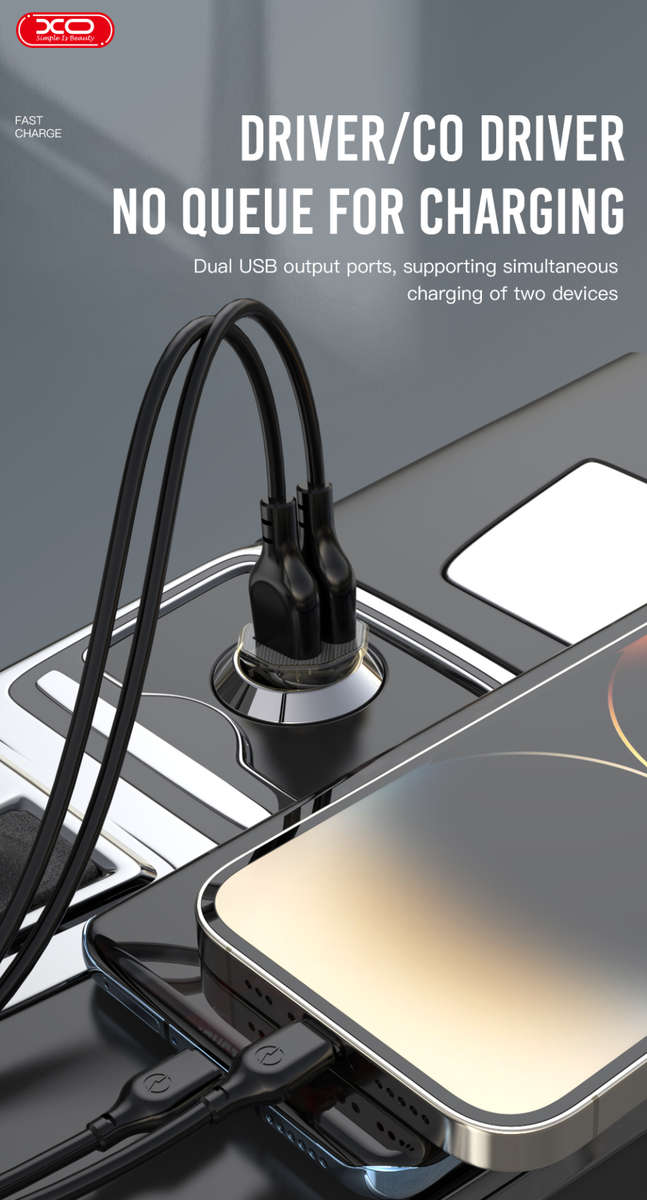 XO CC49 Dual USB Ports 2.4A Transparent Car Charger Set