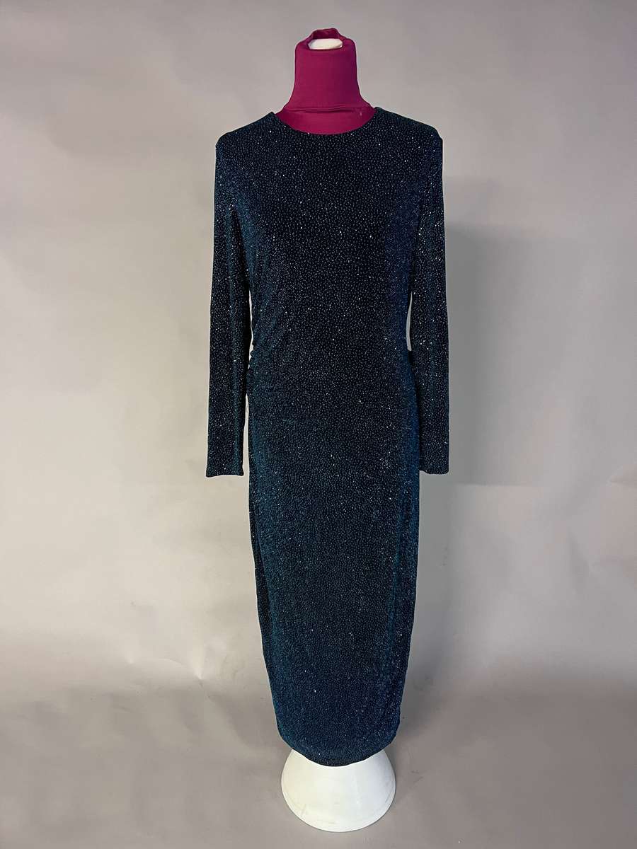 Forever New Monica Ruched Teal Glitter Bodycon - Size 16