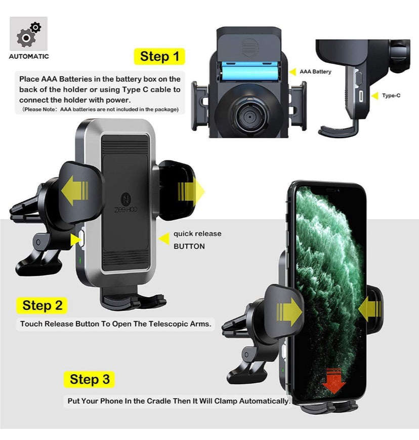 Automatic Car Phone Mount, USB or Battery Powered