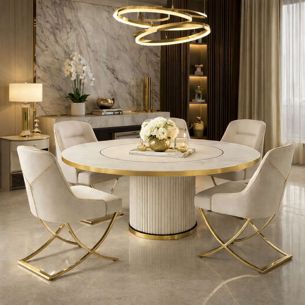 Mia Round Modern Room Dining Set  5 Piece Marble & Gold Dining Suite