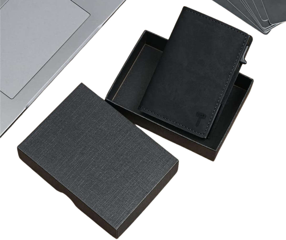 Hammer&Hide Genuine Saddle Leather Pop Up Wallet-Black with Black Aluminum case - Unisex