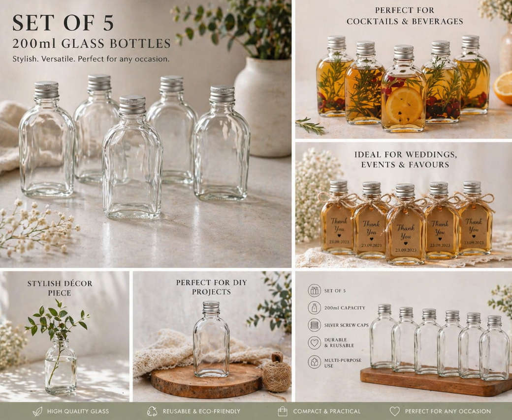 Glass Bottles with Silver Caps 200ml - Set of 5