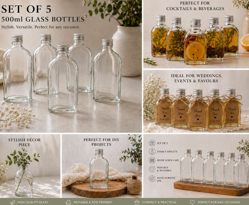Glass Bottles with Silver Caps 500ml - Set of 5