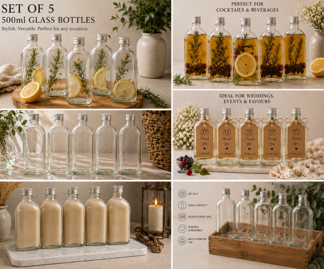 Glass Bottles with Silver Caps 500ml - Set of 5
