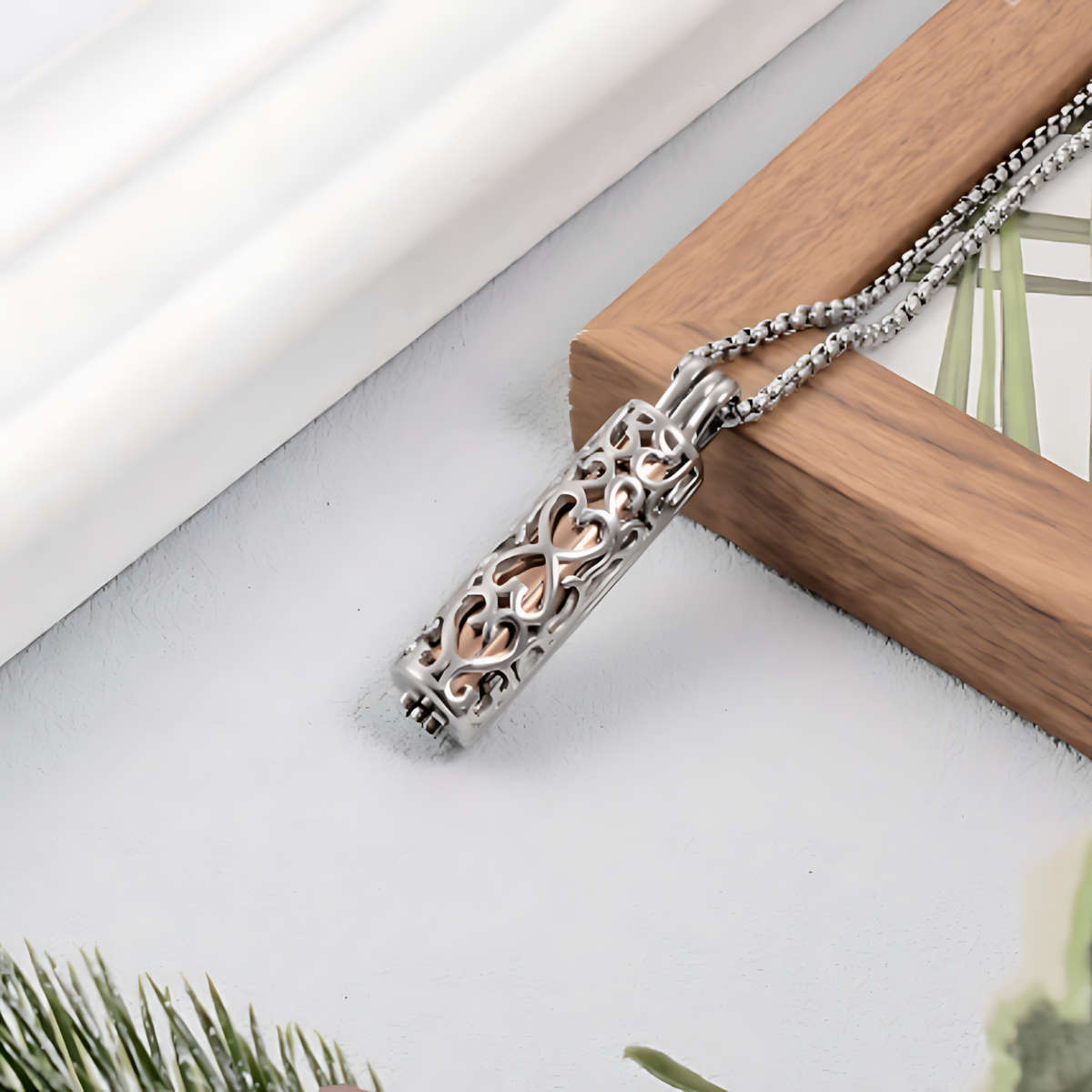 Memorial Safe Keeping Pendant- Pattern Steel Bar with Rose Gold capsule