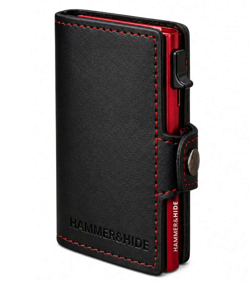Reptronic Genuine Saddle Leather Pop-up Wallet - Black with Red Aluminum case with Red stitching