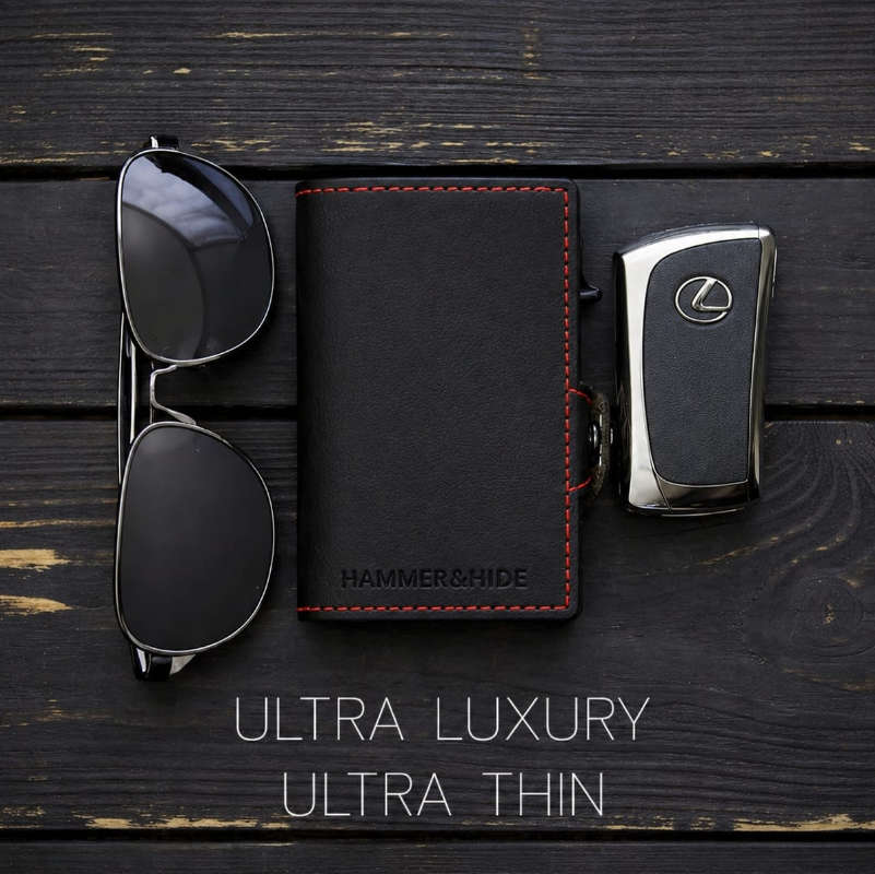 Reptronic Genuine Saddle Leather Pop-up Wallet - Black with Red Aluminum case with Red stitching