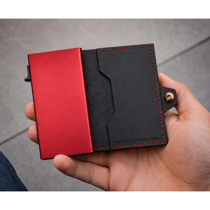 Reptronic Genuine Saddle Leather Pop-up Wallet - Black with Red Aluminum case with Red stitching