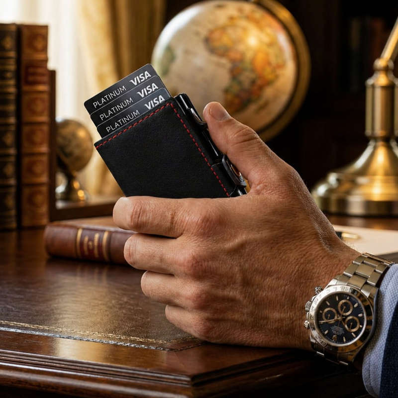 Reptronic Genuine Saddle Leather Pop-up Wallet - Black with Red Aluminum case with Red stitching