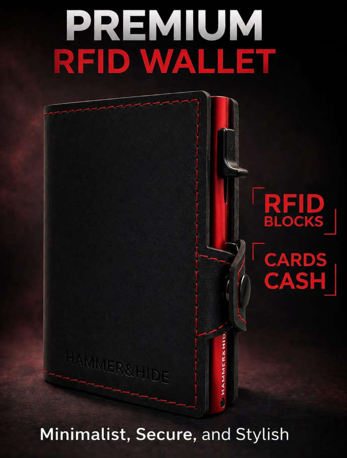 Reptronic Genuine Saddle Leather Pop-up Wallet - Black with Red Aluminum case with Red stitching