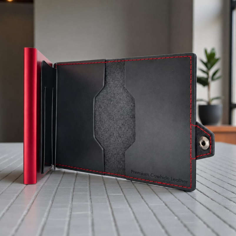 Reptronic Genuine Saddle Leather Pop-up Wallet - Black with Red Aluminum case with Red stitching