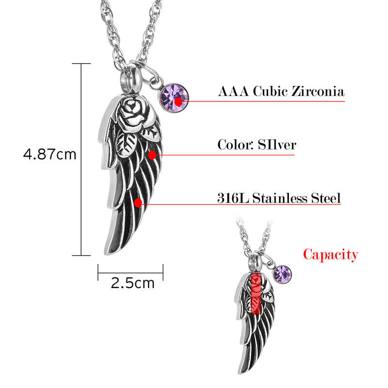 Memorial Safe Keeping Pendant - Angel Wing/Rose with 12 Birthstones