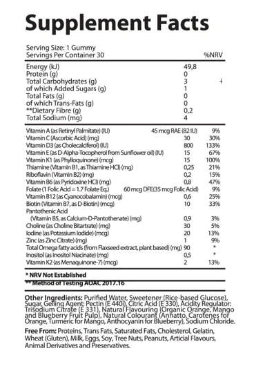 Vita-Aid Purna Lil Cubs Kids Multivitamin Orange, Mango & Blueberry flavour Gummies 30s