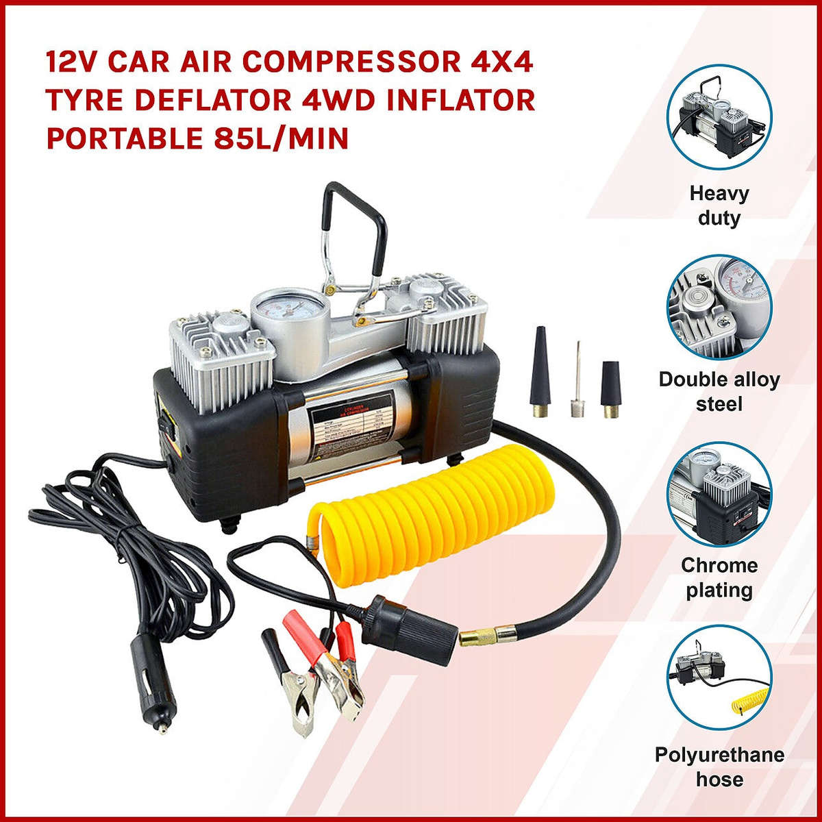 12V Air Compressor Double Cylinder Heavy Duty Car Tire Inflator Tool Kit in Case